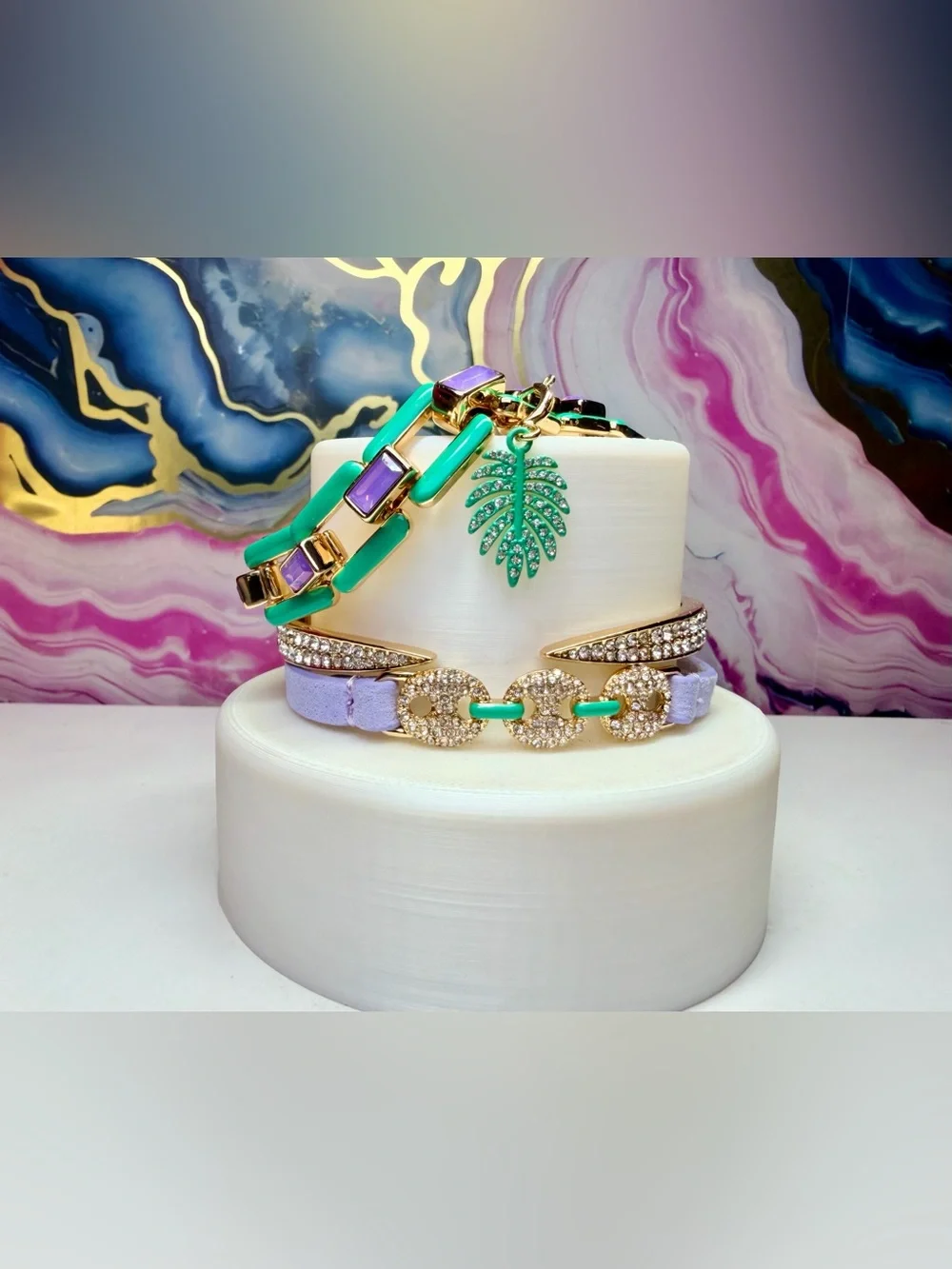 Bomb Party 2026 Summer Bracelet Stack- Emerald Eden on Gold. ST17355